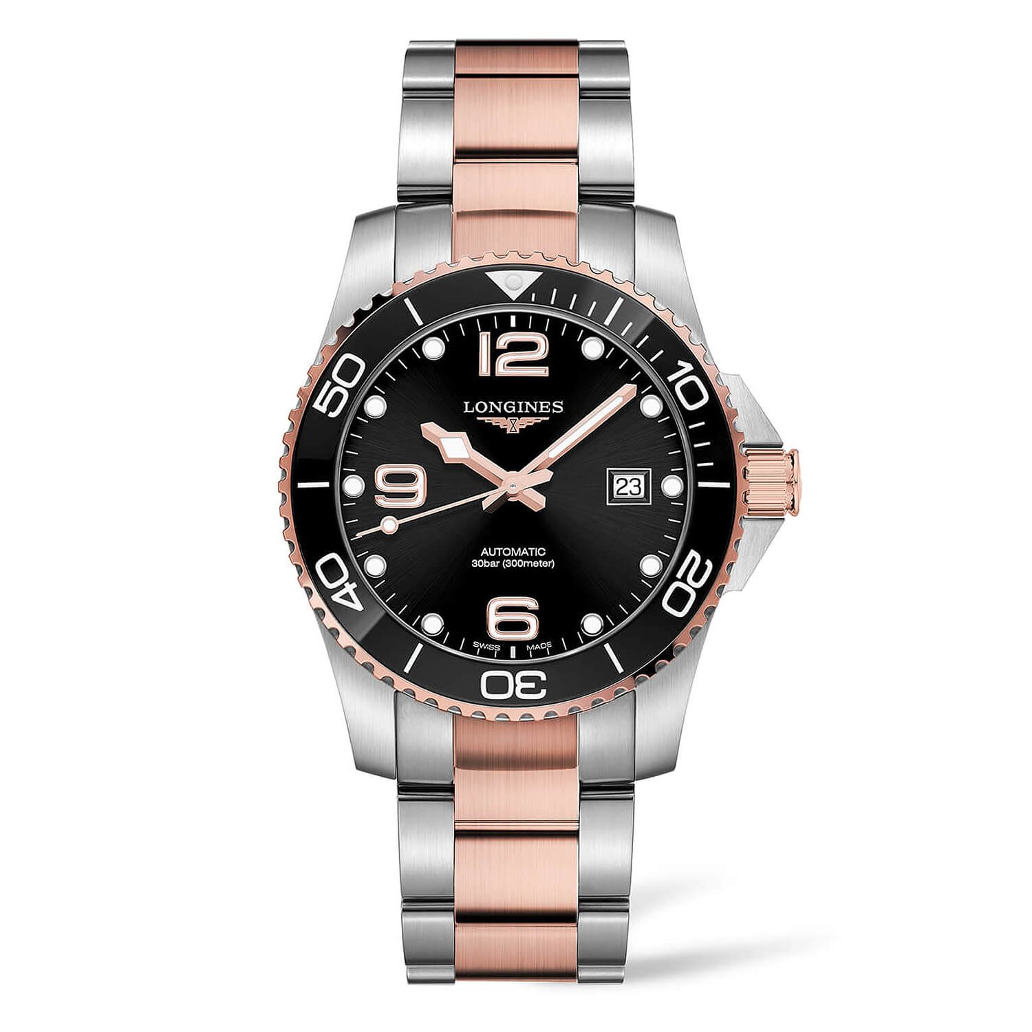 Longines HydroConquest 41mm Black Rose Gold & Steel Case Watch