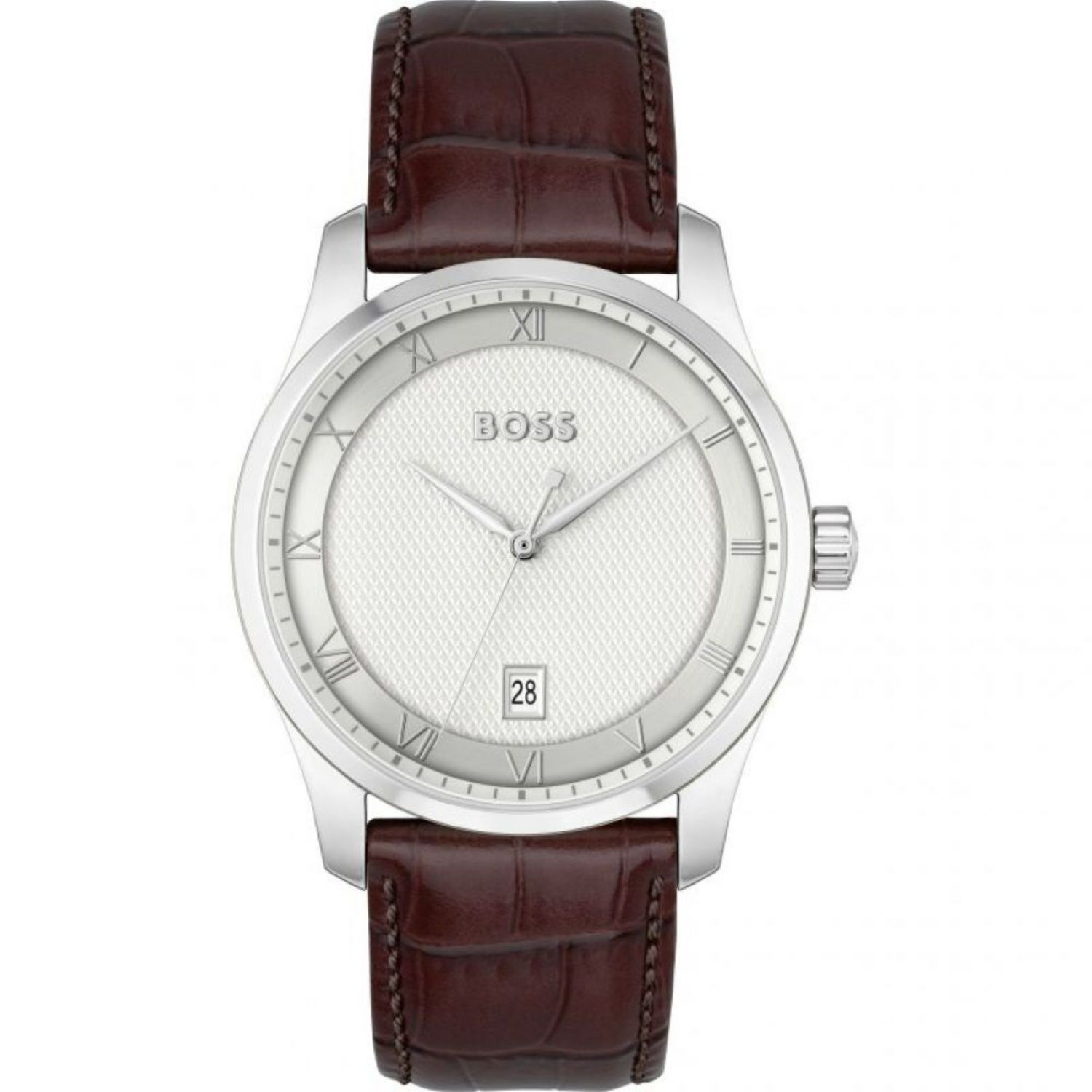 Photos - Wrist Watch Hugo Boss BOSS Principle 41mm Silver Dial 3 Hand Brown Leather Strap Watch 