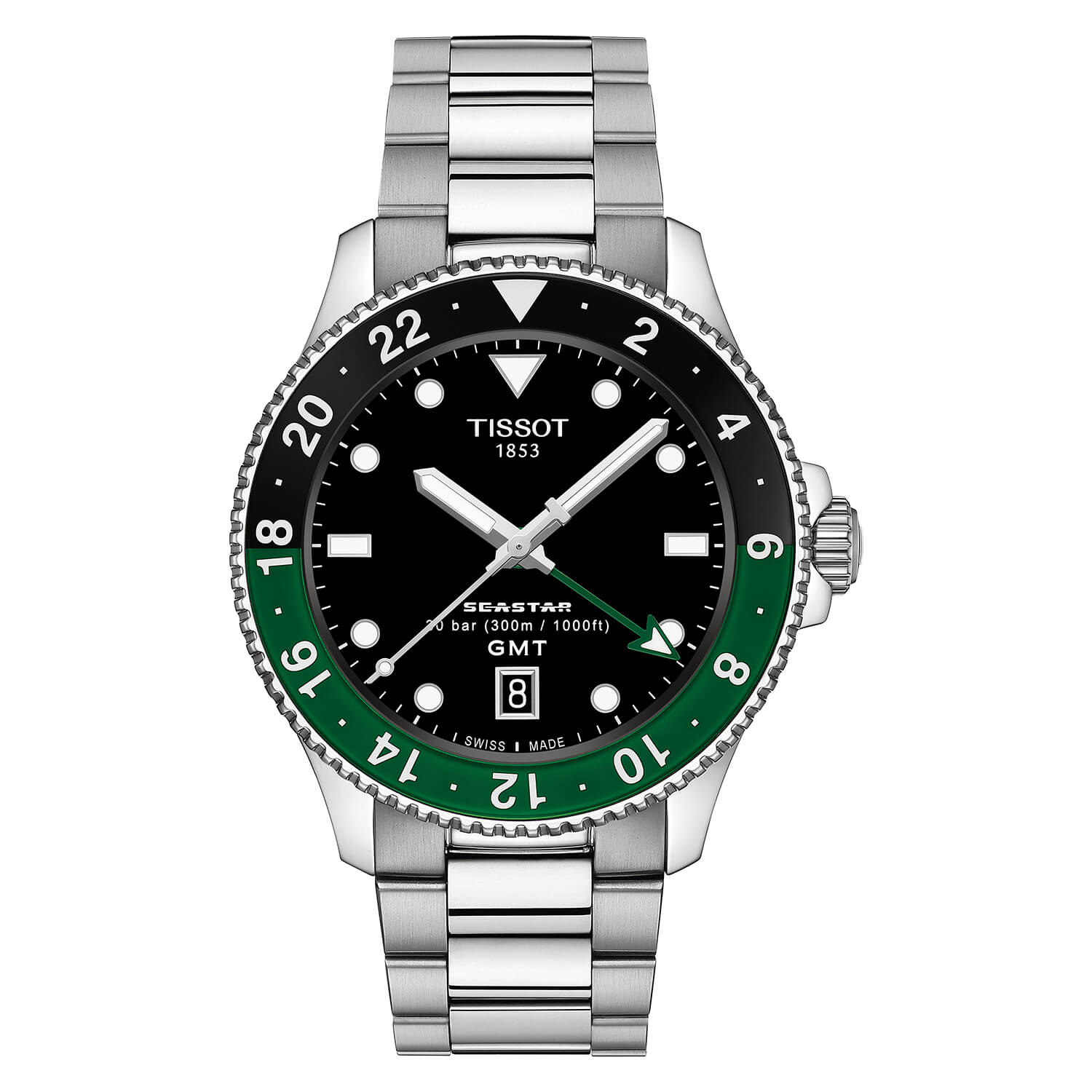 Tissot Seastar 1000 Quartz GMT 40mm Black Dial Black & Green Bezel Steel Bracelet Watch