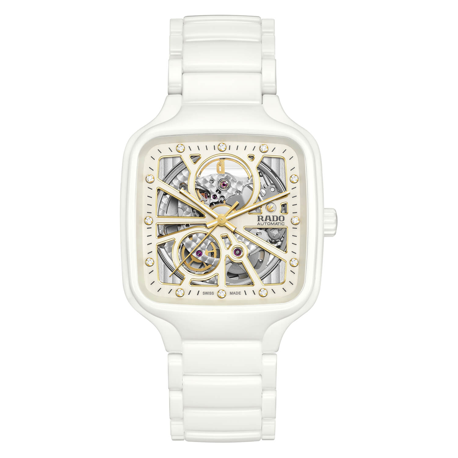 Rado True Square Automatic Open Heart 38mm Skeleton Dial White Ceramic Bracelet Watch